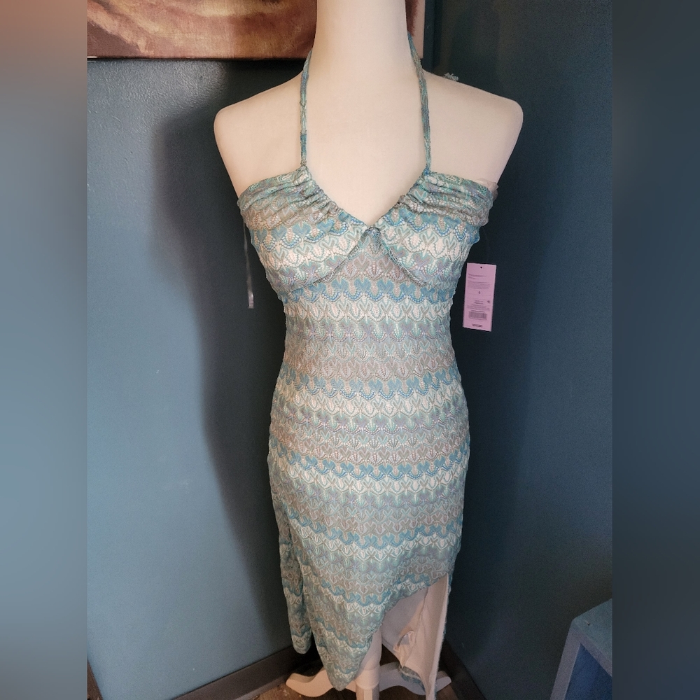 Wild Fable aqua lace overlay dress mermaid scale‎ pattern NWT